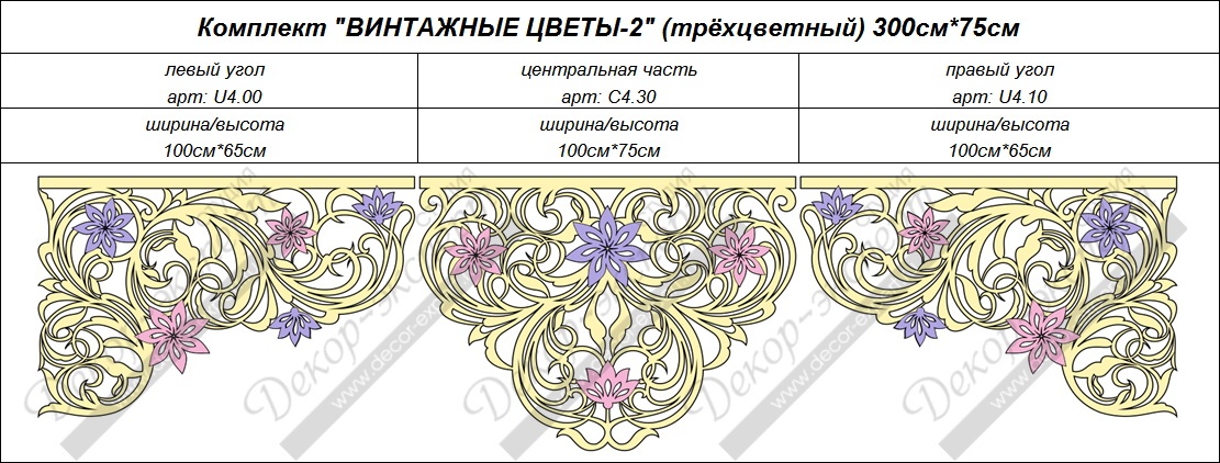 Двухцветный ажурный ламбрекен "Винтажные цветы-2". Комплект из трёх элементов.  Размеры: 300 см на 75 см.