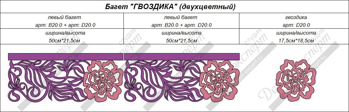 Двухцветный ажурный багет "Гвоздика" и деталь. Артикулы: B20.0 и D20.0