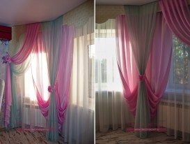 Тюль и двухцветные драпировки в различных частях эркера в спальне.